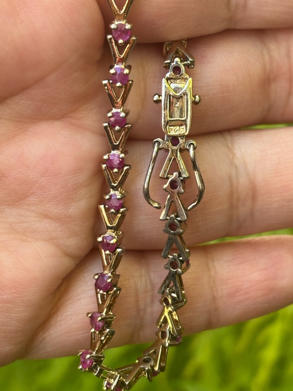 Vintage 925 Vermeil Ruby CZ Tennis Bracelet 7” Chevron Link
